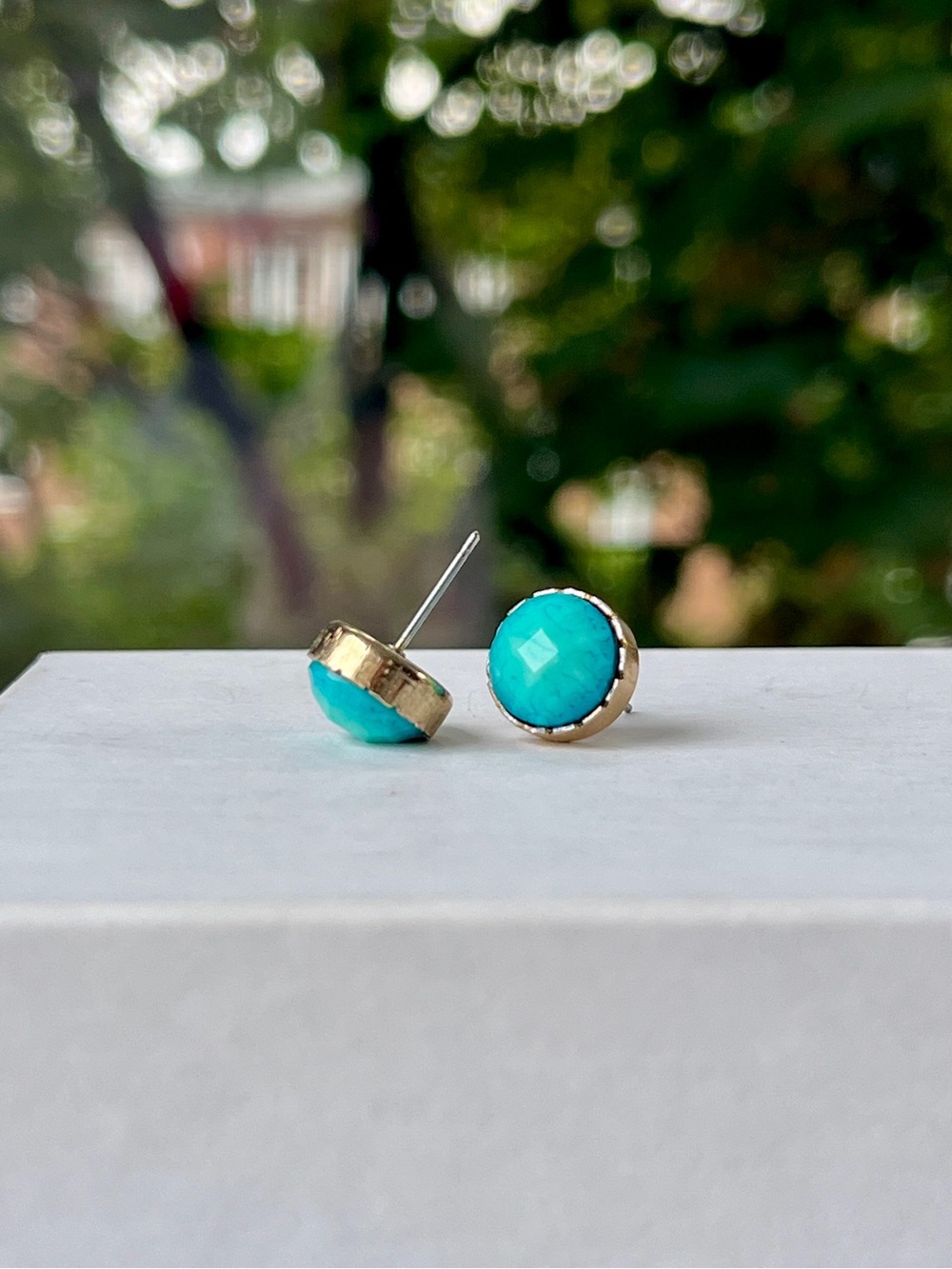 Gold-Tone Bevel-Set Turquoise-Colored 10mm Stud Earrings